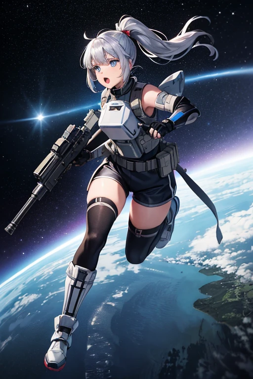  anime picture 、Space science fiction soldier 、 full body portrait 、A  soldier running around 155 cm tall wearing a silver bulletproof vest and silver shorts、 blue eyes、Hairstyle: short ponytail、 black hair、Black tights to cover the lower body、 smiling with open mouth 、 boots、gloves、silvery headset