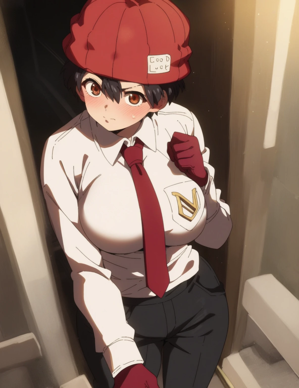 score_9, score_8_up, score_7_up, score_6_up, source_anime, anime,  fuukoxl, black hair,short hair, brown eyes,large breasts, red gloves, red necktie, red headwear, red beanie, collared shirt, long sleeves, black pants, white shirt, standing, pov, sunset, light rays, blush, 