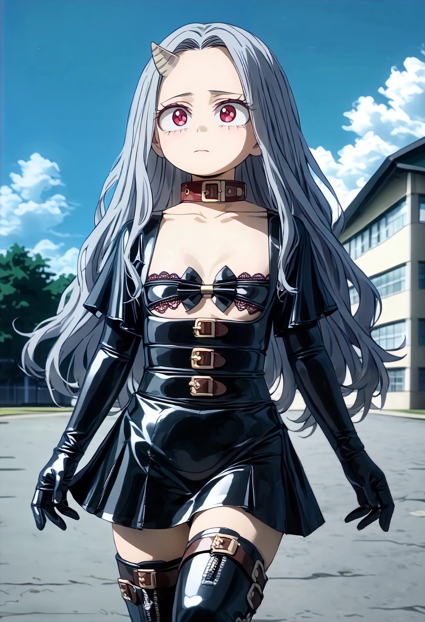 (((Chibi)))、((( short)))、(((Child body type)))、(((Small Bust)))、 BDSM、Queen、mistress、(((One girl)))、(((solo:1.8)))、(((Black latex elbow gloves:1.4)))、((( black latex corset dress :1.4)))、((( The corset dress is adorned with beautiful lace)))、((( Corset Dress with Shoulder Straps )))、((( Black Latex Tight Mini Skirt :1.4)))、((( Black Thigh-High Boots:1.4)))、(((Black rubber tights:1.2)))、((( stiletto heel boots:1.4)))、((( Black Latex High Leg Panties )))、(((Black latex bra)))、(((Black leather collar)))、((( sexy poses :1.4 )))、 wide thigh opening with one leg:1.2、((( erotic )))、((( cowboy shot with firm small breasts)))、 closeup 、Beautiful eyes with highlights、Beautiful, smooth skin、Two perfect anatomical arms、 Anatomically Perfect 2 Legs 、(Four perfect fingers and one thumb)、different, 1 girl ,Alone, single horn , single horn s, long hair, gray hair, watching viewers,Girl, shirt, BREAK outdoors,  OPEN FIELD , blue sky,cloud,School building, Gentle Breeze, SCHOOL LOUNGE  ,   