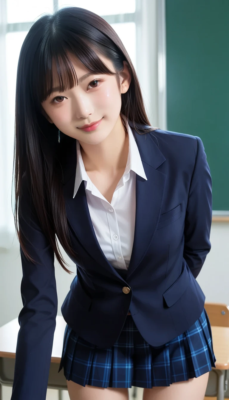 スコア_9, スコア_8_アップ, スコア_7_アップ, sアップer detailed, BREAK A breathtakingly beautiful Japanese woman with long, silky black hair, wearing a modern school uniform with a fitted blazer, short skirt, She has a radiant smile, stunning facial and eye details, and a confident yet graceful demeanor. She is posing in a classroom setting, leaning forward slightly with her hands placed behind her back, emphasizing her elegant posture. Her figure is curvaceous with a focus on her proportions, and the scene captures her in a dynamic position as she squats or does the splits. The atmosphere includes soft steam or light haze for added depth and realism. Ultra-high-definition, 32K resolution, masterpiece-level detail, Hausmo style.