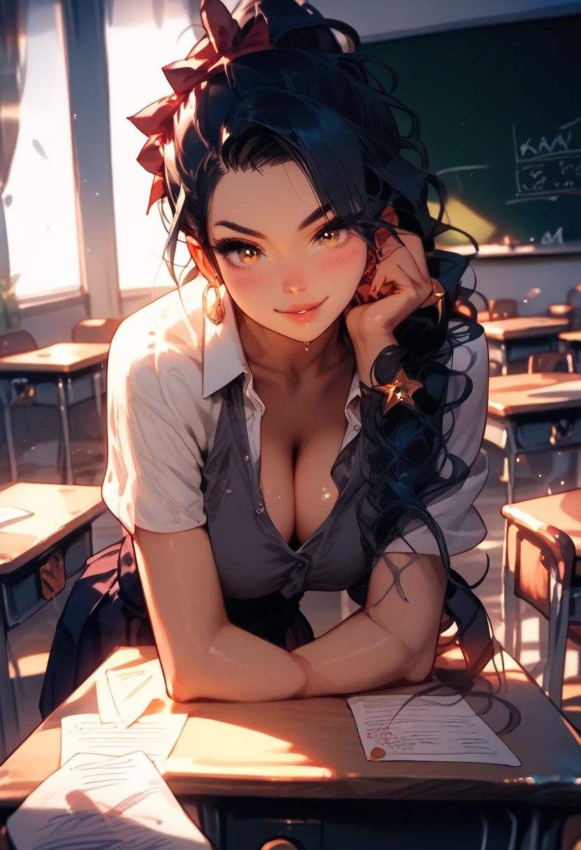 (masterpiece:1.2, best quality), 1lady, solo, , classroom, day, sit, blonde, twintails, red eyes, open collabone, darkskin, (open breasts:1.1),