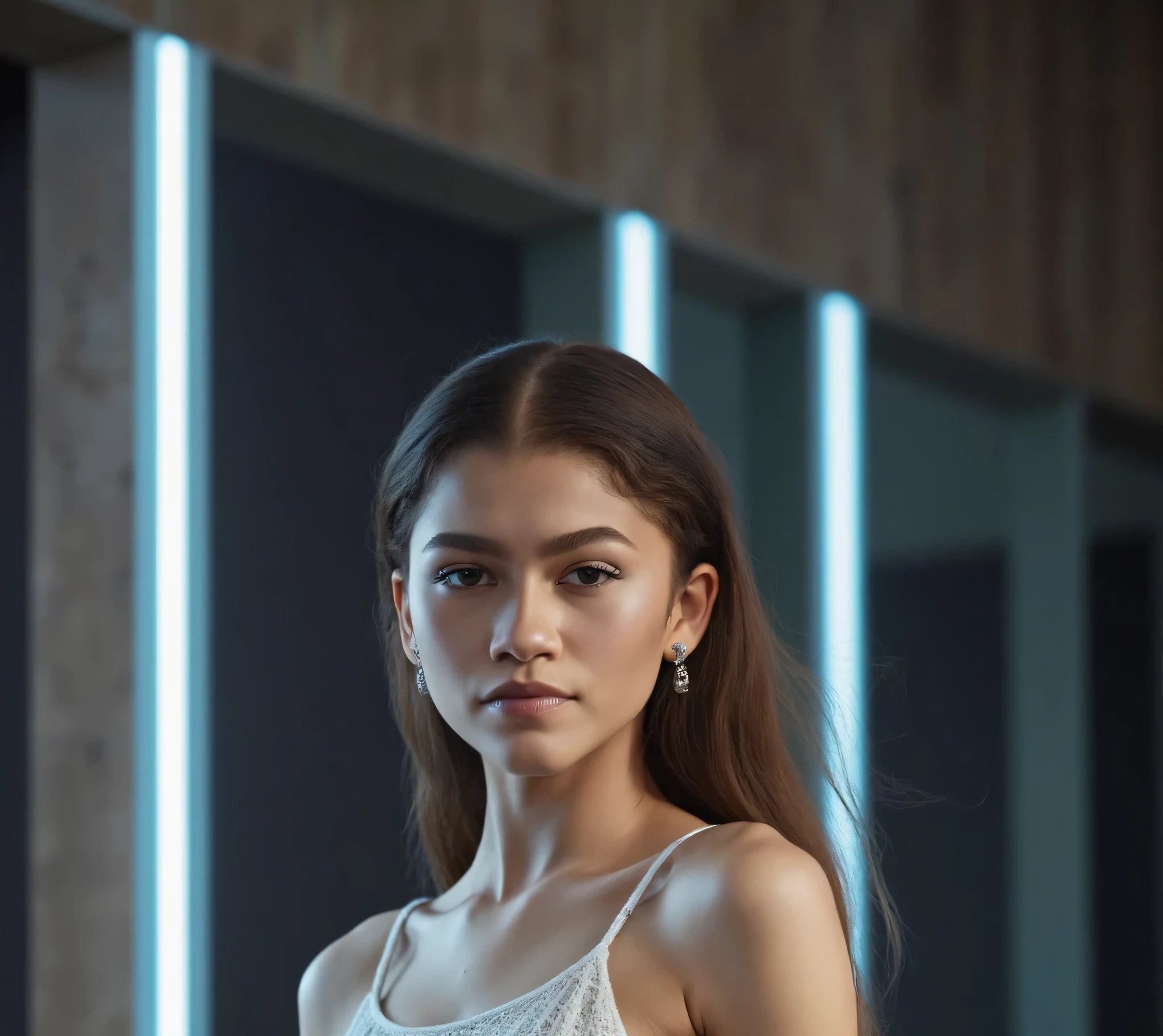 High res waist up portrait photo of a woman directly facing the camera . She is not looking at the camera with a slight seductive look. 