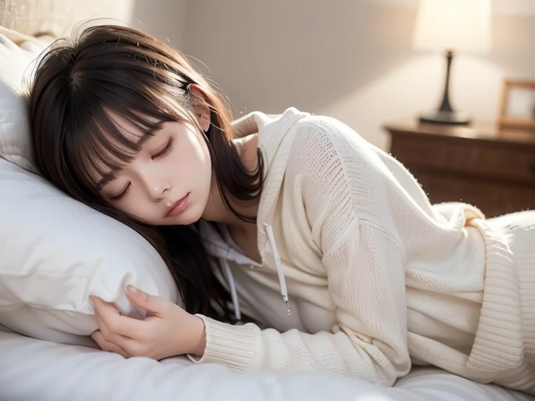 Beautiful woman falling asleep in bed、Wear a big knit hoodie、２０age、 long lashes、 closed eyes,  frowns,  with bangs、 bob hair、 high definition ,  Anatomically Correct ,  High Definition Model ,   inviting , Delicate atmosphere、Sleeping Position、 1 girl , night