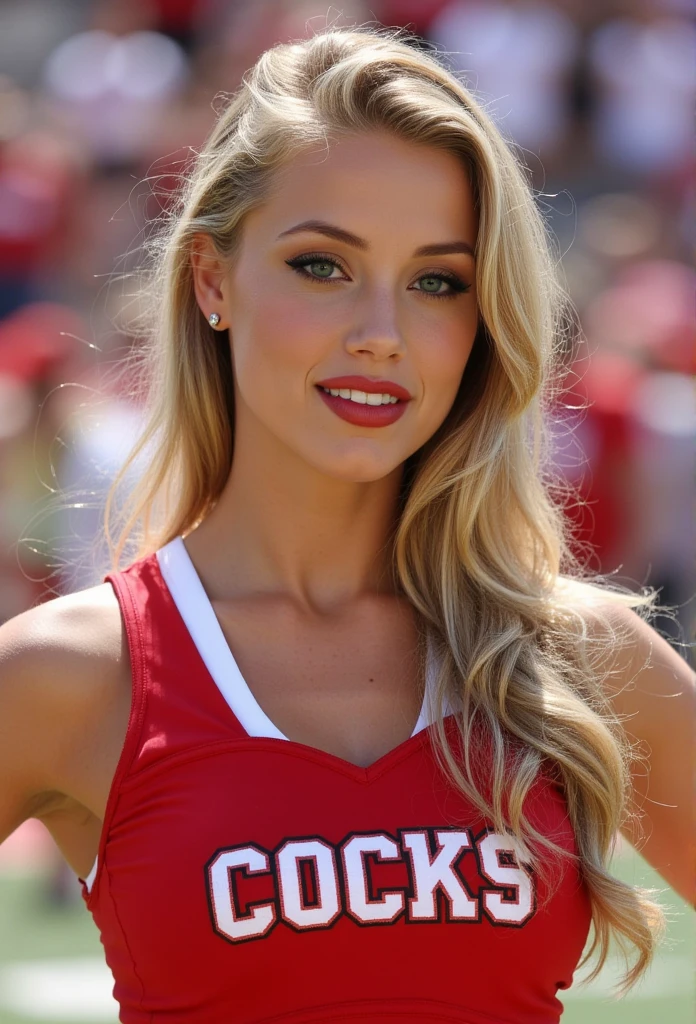 college cheerleader, age 25, sexy,  red lips, athletic bodytype, team name "COCKS" on the shirt, popular girl, blonde hair, blue eyes, red uniform, posing for instagram photo