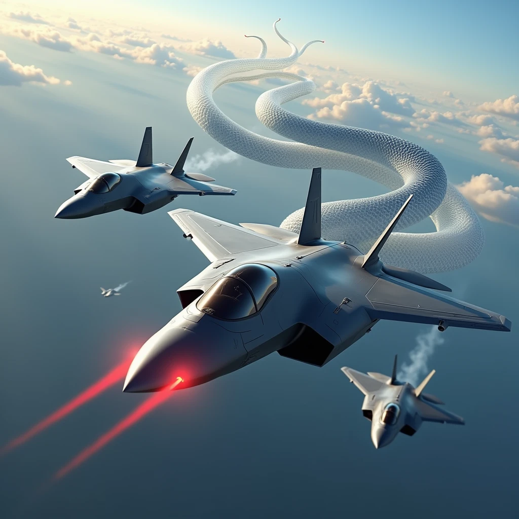 Realistic, theme is "rapid descent", latest stealth jet fighter dogfight, rapid descent into attack position, beautiful aircraft painted in grey stealth paint, fighter's machine guns spewing red fire, powerful scene, aircraft moving diagonally downwards, emphasising the sense of speed, a large transparent snake with its mouth wide open wraps around the fighter, the fighter flies as if it is passing through the tunnel made by the snake, the snake is the guardian deity of the fighter, emphasising the expression of the large snake, sophisticated design, advanced lighting technology, live-action photo 8K quality