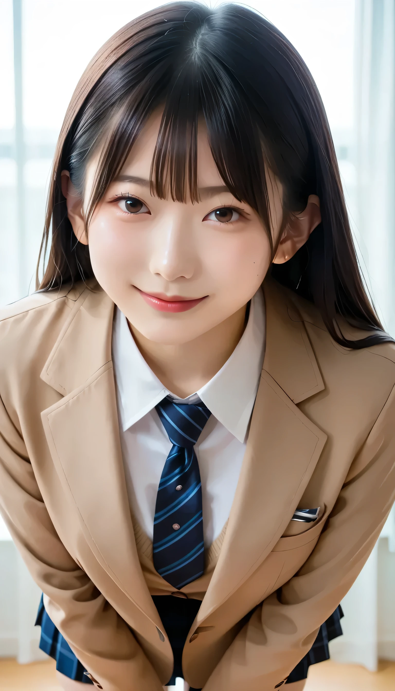 スコア_9, スコア_8_アップ, スコア_7_アップ, sアップer detailed, BREAK A breathtakingly beautiful Japanese woman with long, silky black hair, wearing a modern school uniform with a fitted blazer, short skirt, She has a radiant smile, stunning facial and eye details, and a confident yet graceful demeanor. She is posing in a classroom setting, leaning forward slightly with her hands placed behind her back, emphasizing her elegant posture. Her figure is curvaceous with a focus on her proportions, and the scene captures her in a dynamic position as she squats or does the splits. The atmosphere includes soft steam or light haze for added depth and realism. Ultra-high-definition, 32K resolution, masterpiece-level detail, Hausmo style.