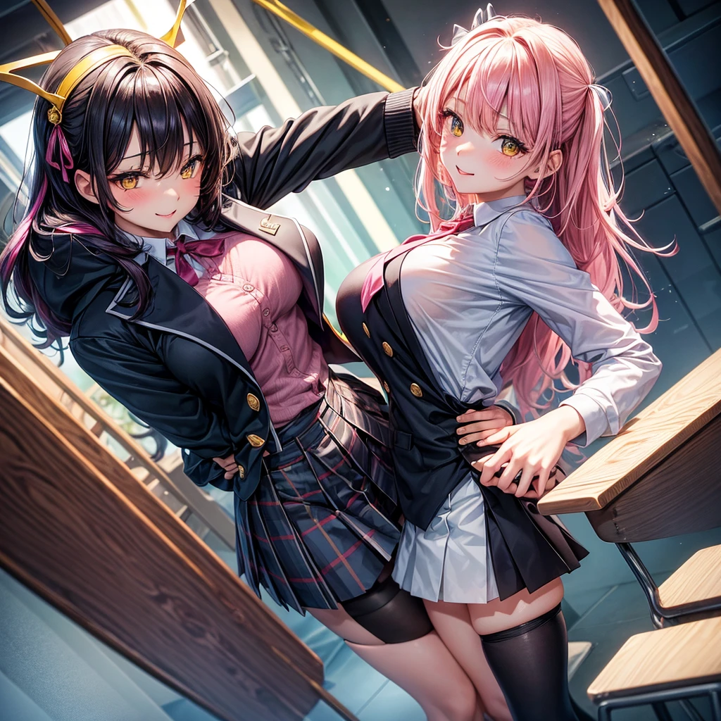 2 Anime Girls with Pink Hair school uniform bent over can see their naked massive arses and massive boobs one girl touching other girls fingering her