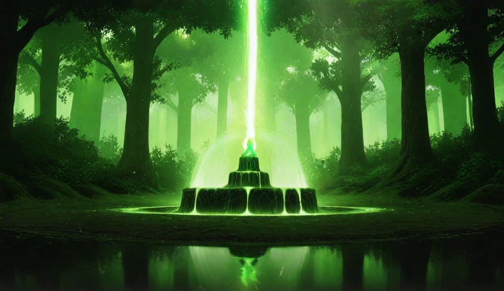 “Draw a vivid and ethereal depiction of a holy fountain of immense magical power, the wellspring of great energy, situated deep within a vibrant and enchanted forest. The fountain itself radiates with an intense, dazzling green light, its core bursting with a brilliant beam of magic that shoots skyward. Instead of ordinary water, pure, liquid energy erupts from the fountain, creating streams of radiant, glowing green light that ripple and pulse with power as they arc into the air and then gently fade, dissolving into shimmering particles of magic that illuminate the surroundings. Layers of intricately carved ancient stone, adorned with glowing mystical runes, encase the fountain, while overgrown vines and flowers pulsate faintly as if alive, drawing energy from the fountain’s core.

The entire scene is bathed in a bright, mystical light, illuminating every detail with a soft but powerful glow. Medium-sized old trees with rough, timeworn trunks surround the fountain, their bright leaves glowing vividly as the fountain’s energy climbs their trunks, wrapping around their bark like living streams of light. The dense forest canopy allows streaks of brilliant, green-tinted light to pierce through, creating dramatic highlights that scatter across the woodland floor.

The forest floor is rich with glowing moss patches, radiant golden symbols, and vibrant vegetation that hums with energy. Tiny floating orbs of golden-green light dance through the misty air, casting playful shadows that shift as they move. The smaller trees nearby glow entirely, their roots visibly anchored into the lighted runes that spread across the earth like ancient veins of energy. The soft, glistening mist that fills the air is now brighter and more radiant, swirling gently as it catches the fountain’s magical glow.

The interplay of light and shadow is more vivid, with the brilliant greens and shimmering golds dominating the color palette, exuding vitality, magic, and ancient power. Every blade of gra