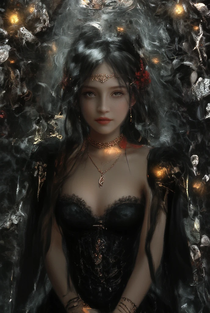 ((best quality, masterpiece, absurbres, super-resolution)), horror, Arachne , spider webs in the background, (black ornate frame). 1girl, skinny,flower,light skin,solo female,jewelry,corset,long sleeves,long bangs,looking at viewer,gothic choker,black hair,upper body,red flower,rose flower,hair ornament,earrings,white eyes,off-shoulders, victorian dress, long hair,hair flower,lace trim,sunlight
