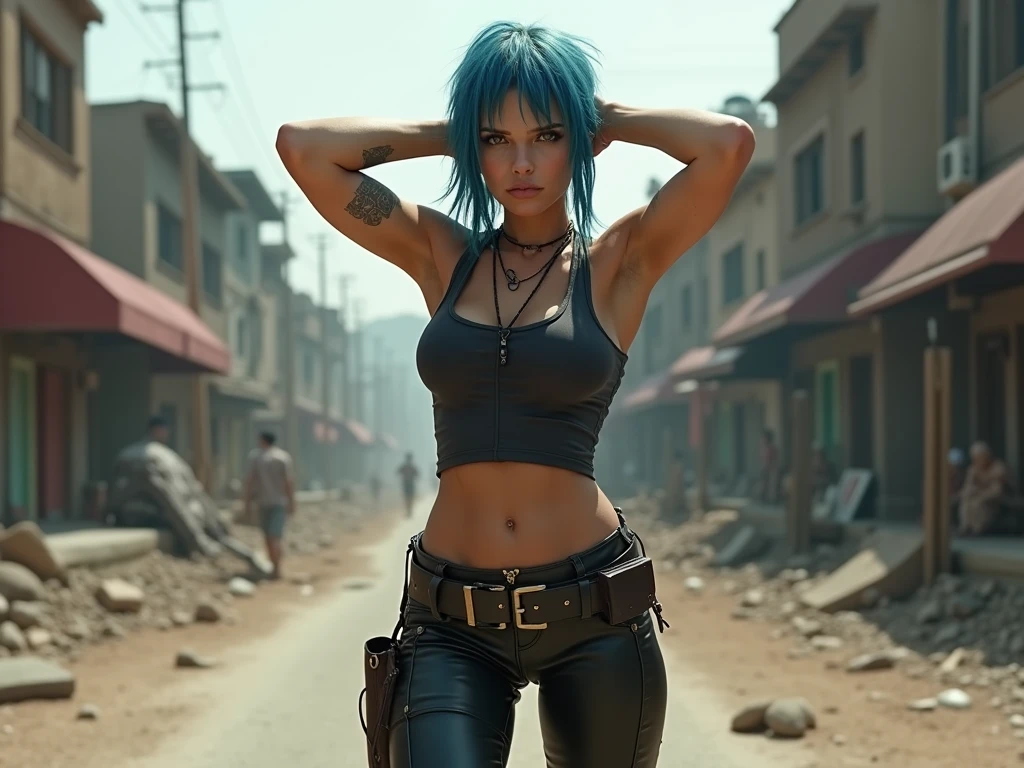 solo 20 year old girl standing next to motorbike, dirt bike, desert, mud, sun, heat, tank top, leather pants, sun glasses, blue hair, messy hair, motorcycle gloves, very skinny, slim, abs, small breast, fit figure, small waist, collar, large tattoes, sweaty, sandy, dirty