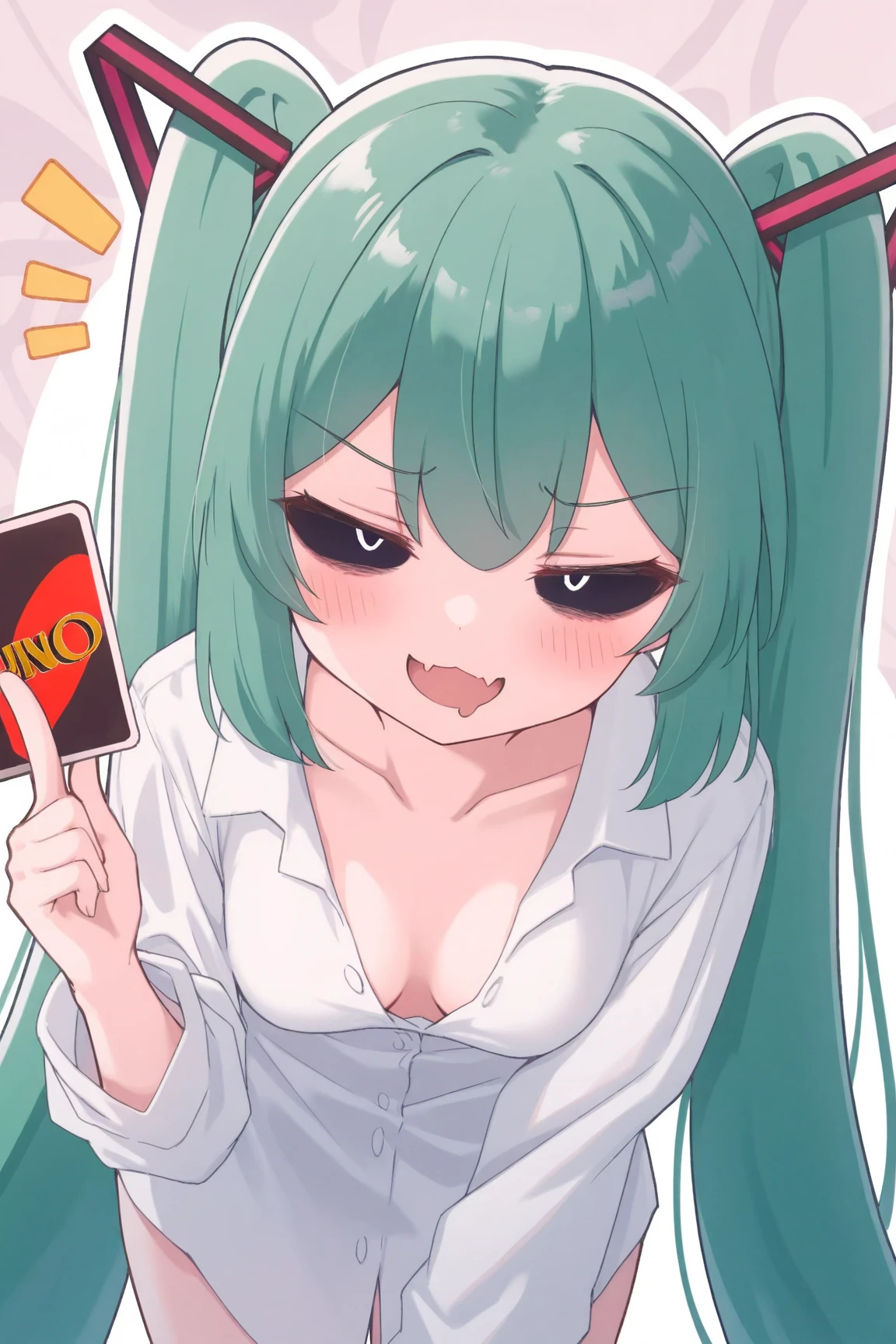 1girl,hatsune miku,hmmnt,39neko,cat girl,evil grin,:3,(black sclera),black eyes,white pupils,:d,v-shaped eyebrows,skin fang,mouth drool,twintails,very long hair,hair ornament,green hair,sidelocks,leaning forward,upper body,medium breasts,
dutch angle,open mouth,smug,teasing,forrowed brow,mesugaki,half-closed eyes,holding uno card,head tilt,standing,notice lines,naked shirt,buttoned shirt,(collarbones),
masterpiece,best quality,amazing quality,masterpiece,best quality,ultra detailed,8k portrait,unity 8k wallpaper,super fine illustration