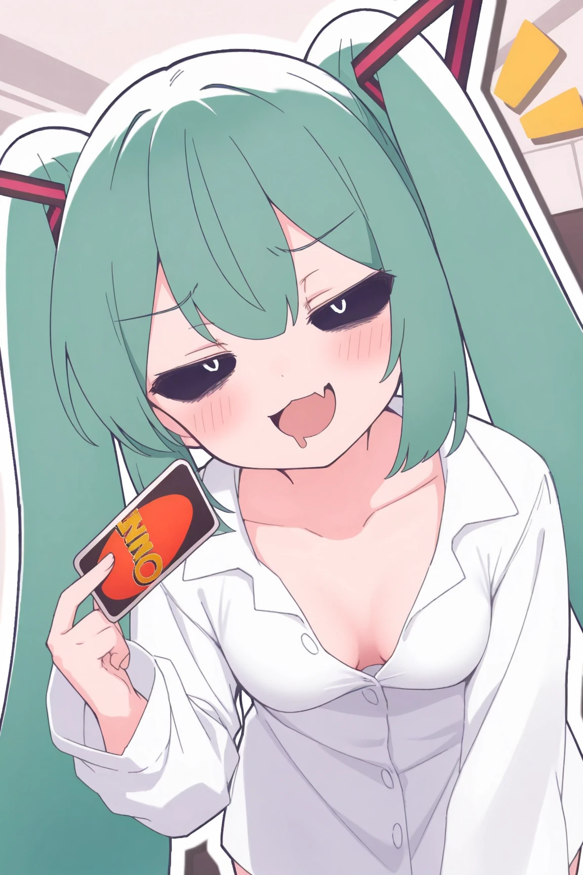 1girl,hatsune miku,hmmnt,39neko,cat girl,evil grin,:3,(black sclera),black eyes,white pupils,:d,v-shaped eyebrows,skin fang,mouth drool,twintails,very long hair,hair ornament,green hair,sidelocks,leaning forward,upper body,medium breasts,
dutch angle,open mouth,smug,teasing,forrowed brow,mesugaki,half-closed eyes,holding uno card,head tilt,standing,notice lines,naked shirt,buttoned shirt,(collarbones),
masterpiece,best quality,amazing quality,masterpiece,best quality,ultra detailed,8k portrait,unity 8k wallpaper,super fine illustration