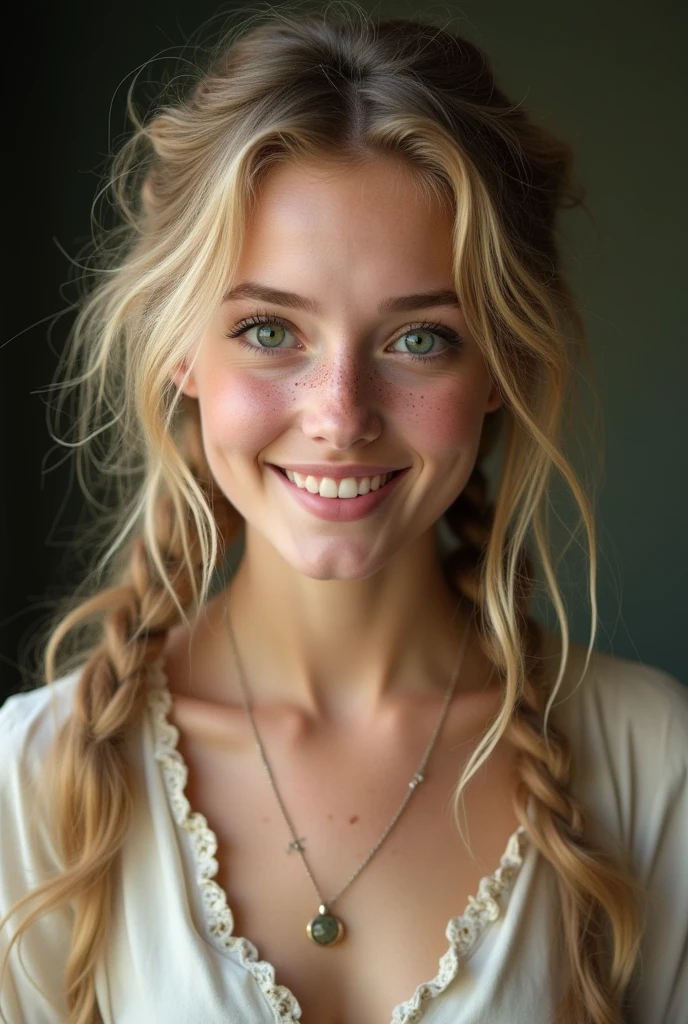 Imagine a young woman from the 19th. Century before, about 19 years old. She has long, shaggy, blonde hair, that fall wild and untamed around her face. Her green eyes radiate joie de vivre and are set by a narrow, oval face framed. Her skin is light and slightly speckled with freckles,that emphasize their youthful appearance. Her snub nose and big eyes give her a charming, lively expression. She smiles passionately, her rosy lips emphasize her hearty smile. Her cheeks are round and soft, without pronounced cheekbones. 

She wears simple, but still elegant clothing of the 19th. Century, which corresponds to the fashion trends of the time, but is designed so, that it looks comfortable and practical. The clothing is cut rather loosely, to ensure freedom of movement, and could in gentle, be kept in neutral colours, perhaps with a simple cut and minimal jewelry.