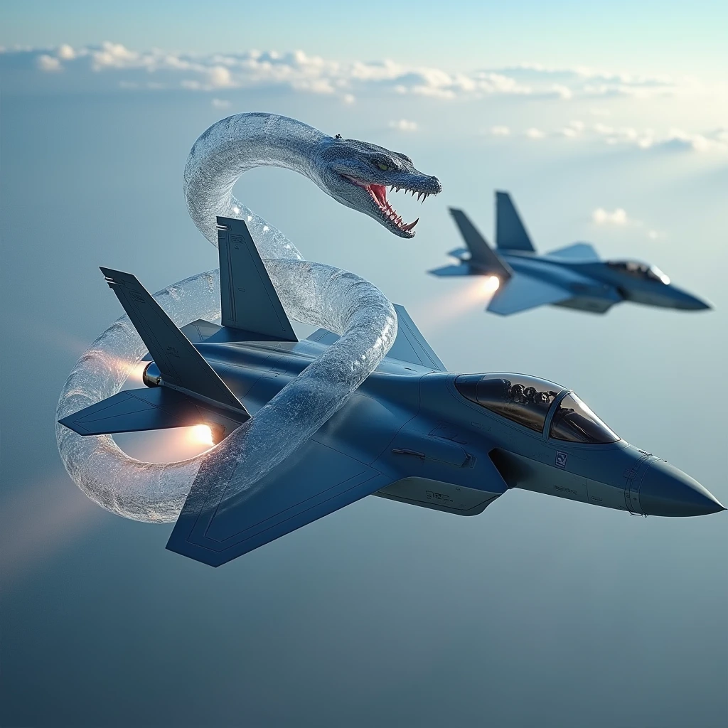 Realistic, theme is "rapid descent", latest stealth jet fighter dogfight, rapid descent into attack position, beautiful aircraft painted in grey stealth paint, fighter's machine guns spewing red fire, powerful scene, aircraft moving diagonally downwards, emphasising the sense of speed, a large transparent snake with its mouth wide open wraps around the fighter, the fighter flies as if it is passing through the tunnel made by the snake, the snake is the guardian deity of the fighter, emphasising the expression of the large snake, sophisticated design, advanced lighting technology, live-action photo 8K quality