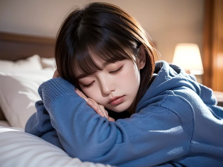 Beautiful woman falling asleep in bed、Wear a big knit hoodie、２０age、 long lashes、 closed eyes,  frowns,  with bangs、 bob hair、 high definition ,  Anatomically Correct ,  High Definition Model ,   inviting , Delicate atmosphere、Sleeping Position、 1 girl , night