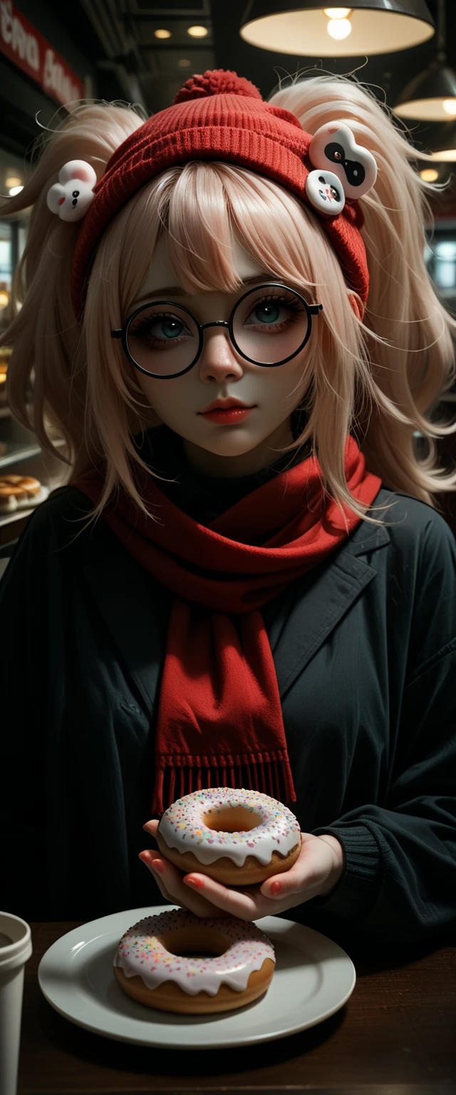 there is a woman that is holding a doughnut in a restaurant, wearing small round glasses, wearing thin large round glasses, cute and adorable white fluffy beanie, red scarf, girl wearing round glasses, thick round spectacles, with square glasses, ulzzang, wearing round glasses, lofi girl aesthetic, with glasses, with black eyeglasses, thick - rimmed glasses, junko enoshima, lofi girl