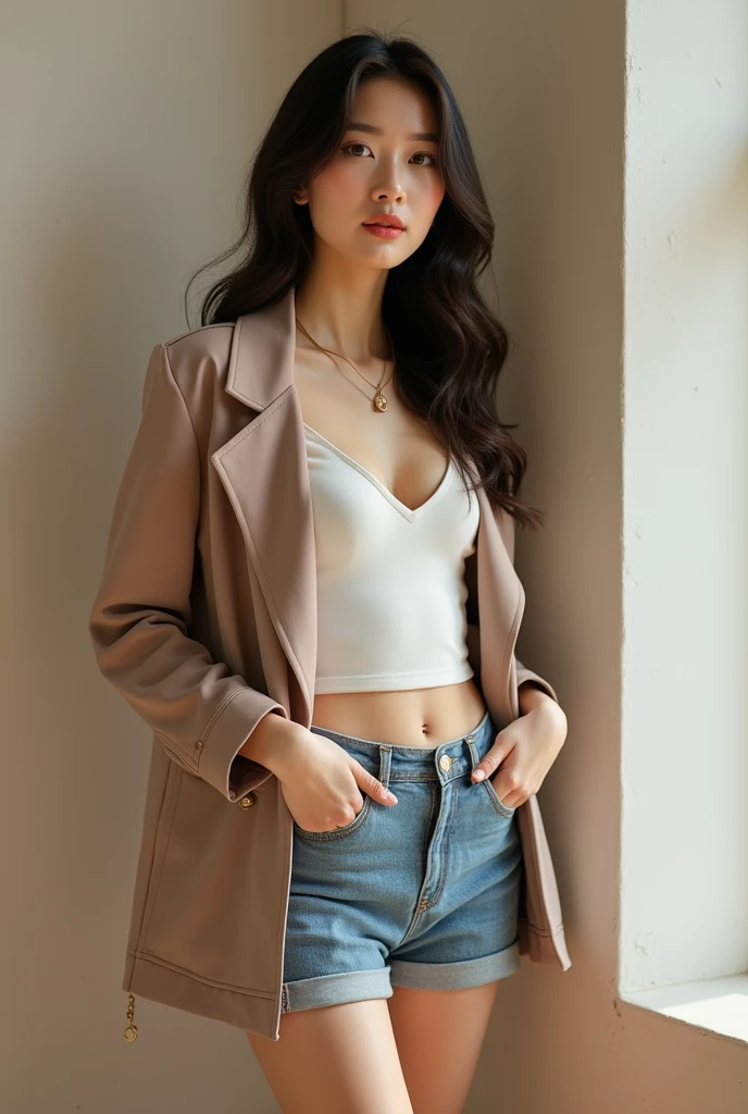 Create a Korean with V-shaped face, flawless skin, white porcelain skin, thin legs and thigh opening, heart-shaped lips, straight nasal bridge, lined and white teeth and double eyelid with good lighting and with a tank top with a jacket and jeans with necklaces, create 20 photos