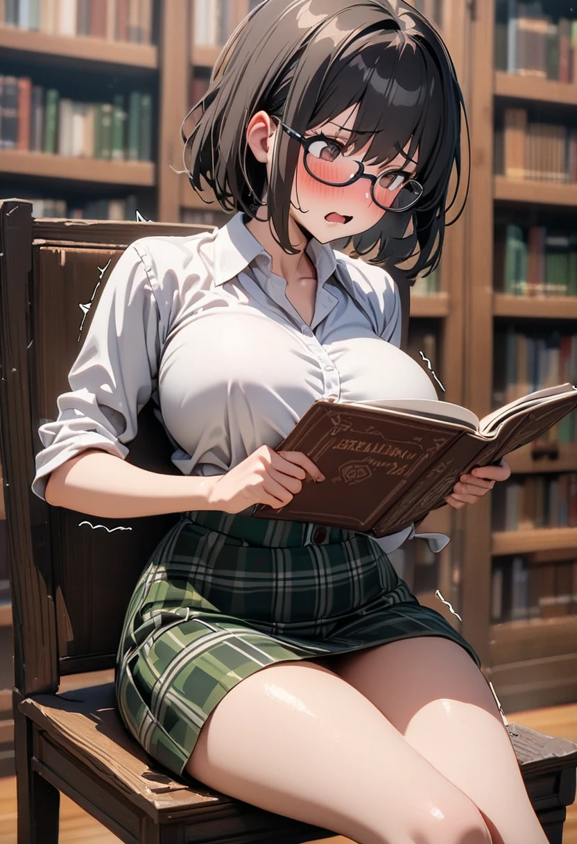 (((Solo))) Woman with long messy spiky black hair and bangs, ((red eyes)), ((wearing a oversized sweater)), ((wearing a brown skirt)) character is in a library, bookshelves, (mature woman Janet), ((large chest)), curvy hips, long legs, detailed eyes, (((mature woman))), milf, ((full lips)), sparkling eyes, seductive pose, sexy face, (beautiful lighting), beautifu, hands on chest, (glasses), stockings, (chubby), ((curvy)), sitting at a desk