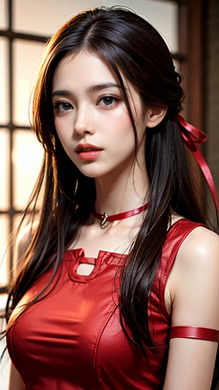 Life s, Brown Hair,  white skin,  realistic , Long hair tied with a red ribbon,  light brown eyes,  Red Dress , 8K images,  realistic  human skin,  image of a real  grabbing a collar,