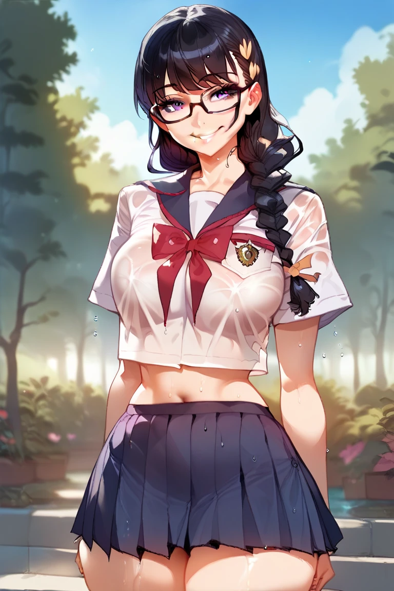 (1 girl), ( black hair:1.1), (Braid:1.1), (glasses), (purple eyes), (smile), (), (Intricate details of Iris ), (stomach), (exterior), ( looking at the viewer ), ( visible through clothing ), (wet clothes), (rode well), ( school uniform )