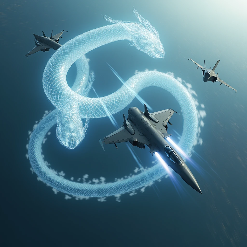 Realistic, theme is "rapid descent", latest stealth jet fighter dogfight, rapid descent into attack position, beautiful aircraft painted in grey stealth paint, fighter's machine guns spewing red fire, powerful scene, aircraft moving diagonally downwards, emphasising the sense of speed, a large transparent snake with its mouth wide open wraps around the fighter, the fighter flies as if it is passing through the tunnel made by the snake, the snake is the guardian deity of the fighter, emphasising the expression of the large snake, sophisticated design, advanced lighting technology, live-action photo 8K quality