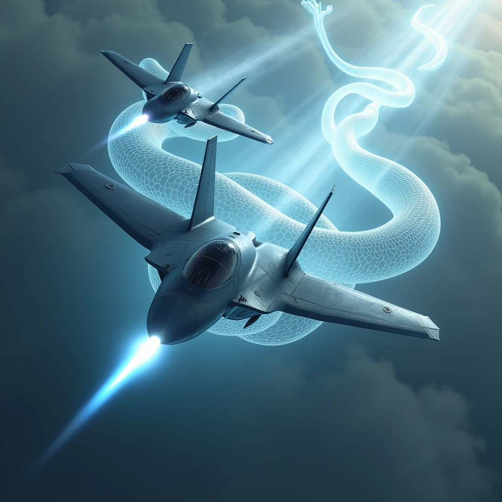 Realistic, theme is "rapid descent", latest stealth jet fighter dogfight, rapid descent into attack position, beautiful aircraft painted in grey stealth paint, fighter's machine guns spewing red fire, powerful scene, aircraft moving diagonally downwards, emphasising the sense of speed, a large transparent snake with its mouth wide open wraps around the fighter, the fighter flies as if it is passing through the tunnel made by the snake, the snake is the guardian deity of the fighter, emphasising the expression of the large snake, sophisticated design, advanced lighting technology, live-action photo 8K quality