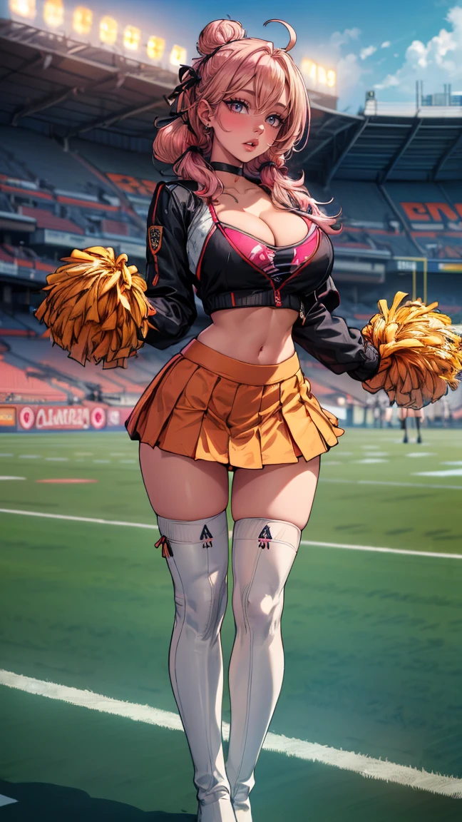 (Slutty cheerleader:1.4), (football field:1.3), (detailed background:1.2), (soft warm lighting:1.2), (highly detailed:1.4), 8k wallpaper, (detailed face and eyes:1.4), (transverse abdmominal lines), (wide hips:1.1), (even lighting:1.2), (colorful cheerleader outfit), (19yo girl), (tiny skirt:1.2), (skintight sleeveless crop top), (poking nipples:1.1), (exposed midriff), (underboob:1.3), (pelvic bones), (slingshot thong:1.3), (extremely detailed auburn wavy hair), blue eyes, (slutty make-up), (slender toned body), (wide hips), black lace choker, (oily skin:1.2), (exposed thighs), (big firm butt), (thong straps:1.3), (busty cheerleader with hard nipples), (enormous firm breasts).