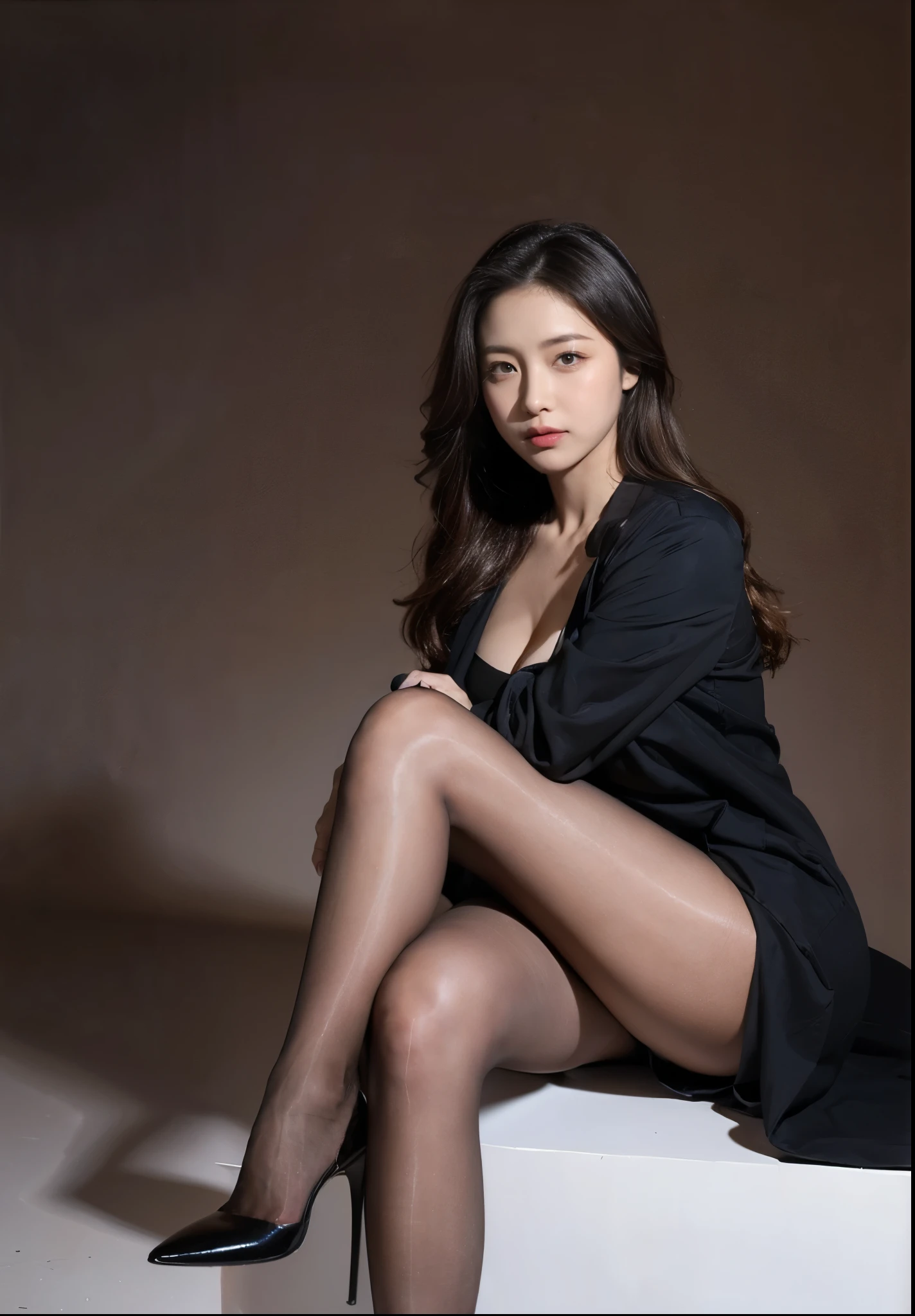 (highest quality),(Full body portrait),(長くてthin脚),Delicate face,Cute Face,thin,(White sheer lace mini dress)、High floor office、There is a large window、Detailed Background、Cleavage、Adorable，smile，Sitting pose，(Black Pantyhose),High heels、Ring-shaped earrings、Chain Bracelet、Tiffany Necklace
