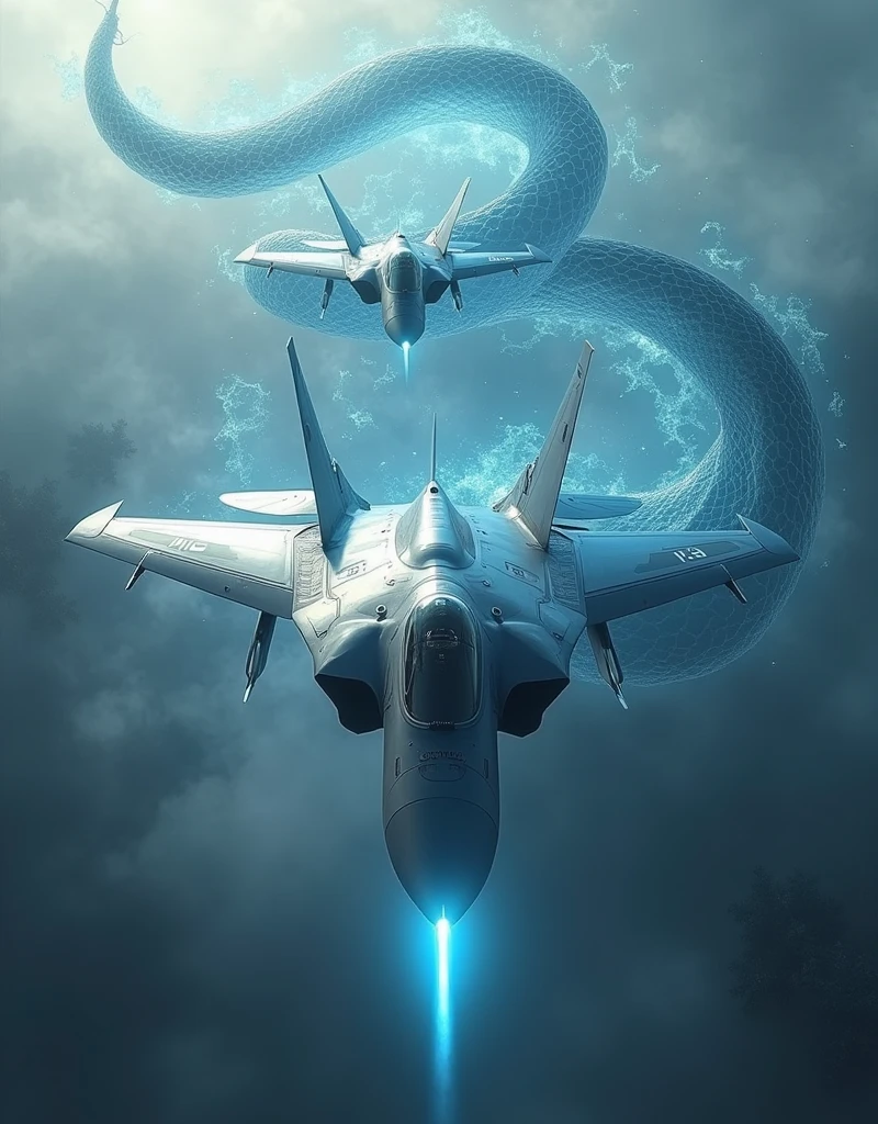 Realistic, theme is "rapid descent", latest stealth jet fighter dogfight, rapid descent into attack position, beautiful aircraft painted in grey stealth paint, fighter's machine guns spewing red fire, powerful scene, aircraft moving diagonally downwards, emphasising the sense of speed, a large transparent snake with its mouth wide open wraps around the fighter, the fighter flies as if it is passing through the tunnel made by the snake, the snake is the guardian deity of the fighter, emphasising the expression of the large snake, sophisticated design, advanced lighting technology, live-action photo 8K quality