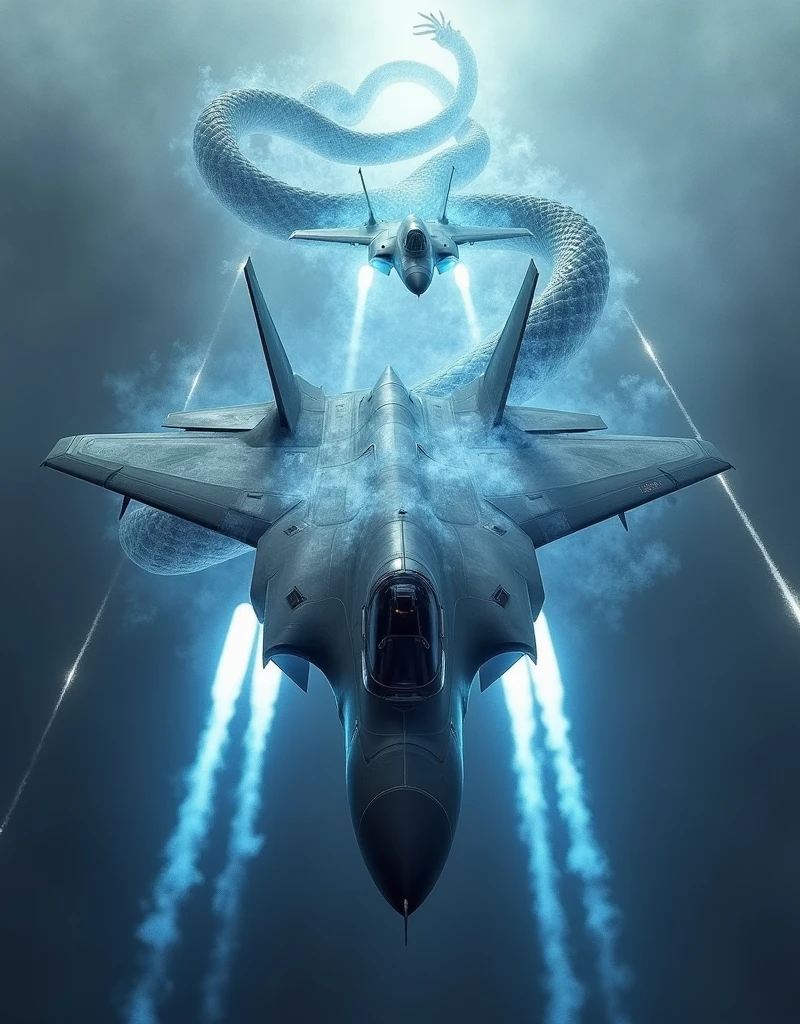 Realistic, theme is "rapid descent", latest stealth jet fighter dogfight, rapid descent into attack position, beautiful aircraft painted in grey stealth paint, fighter's machine guns spewing red fire, powerful scene, aircraft moving diagonally downwards, emphasising the sense of speed, a large transparent snake with its mouth wide open wraps around the fighter, the fighter flies as if it is passing through the tunnel made by the snake, the snake is the guardian deity of the fighter, emphasising the expression of the large snake, sophisticated design, advanced lighting technology, live-action photo 8K quality