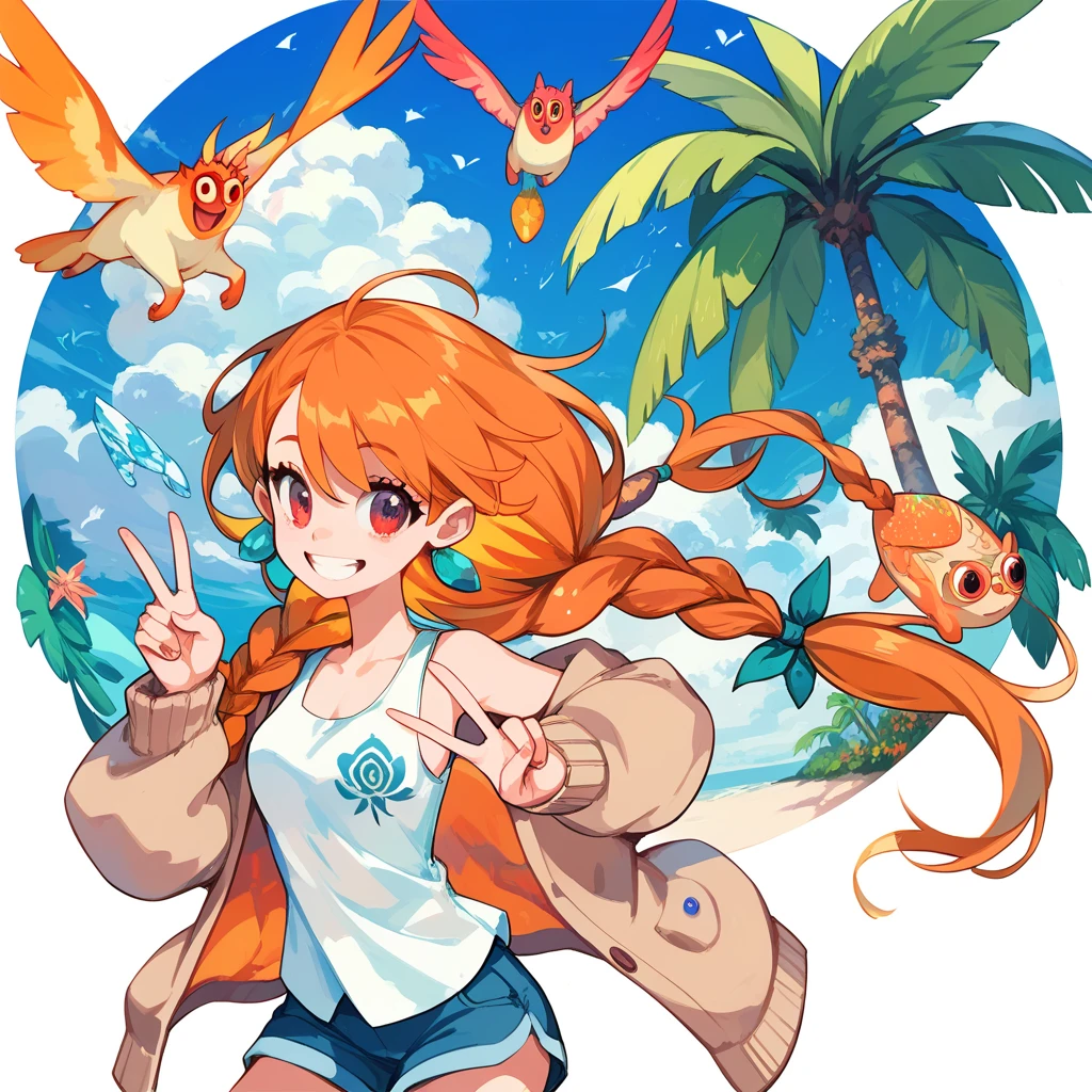 masterpiece, woman, Cheerful, floating, Make a peace sign,  watching viewers against a tropical island in the background,  braided s,  long hair,  braided , Orange Hair,  red eyes,  tank top,  cardigan ,  shorts, 20 years old, flat background