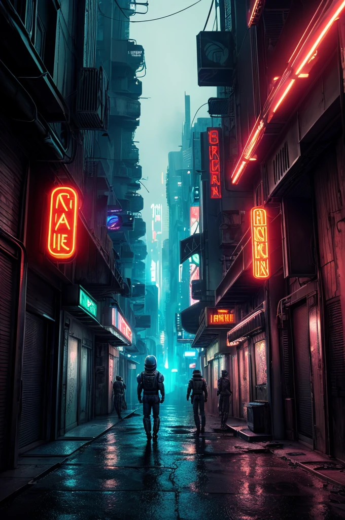 (ultra detailed, Ultra High Res ,detailed background),((2d)),((flat color)),((muted color )), 1SOLO,  xenomorph figures alone in a desolate, post-apocalyptic alley.  Reflections of neon light on dark . Mysterious environment.  science fiction  (8K) (hdr)