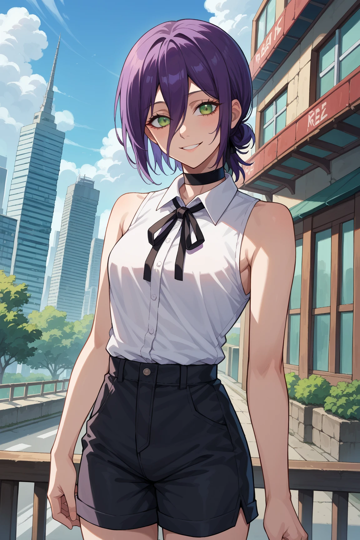 score_9, score_8_up, score_7_up, source_anime,
chainsawreze, reze, black choker, purple hair, choker, eyebrows hidden by hair, green eyes, hair between eyes, long bangs, medium hair, smile,
bare shoulders, black ribbon, black shorts, collar, collared shirt, neck ribbon, ribbon, shirt, shorts, sleeveless, sleeveless shirt, white shirt,
outdoors, cityscape,
looking at viewer, dutch angle, cowboy shot,