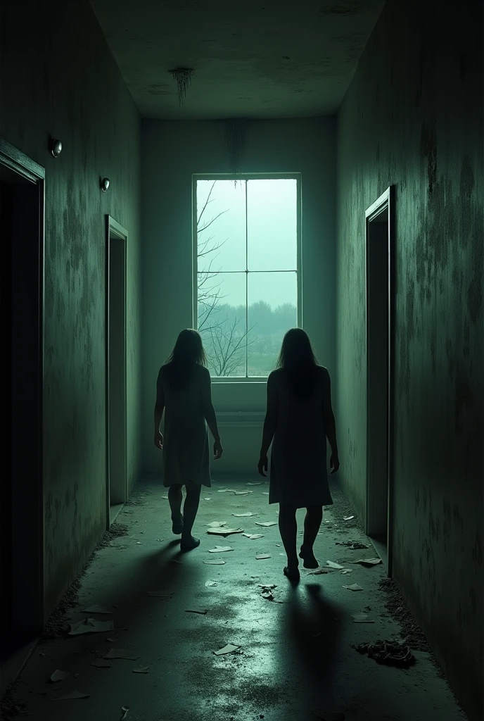 Deux femmes de dos débarrassent une maison abandonné dans une ambiance de film d'horreur et dans le style photo volée