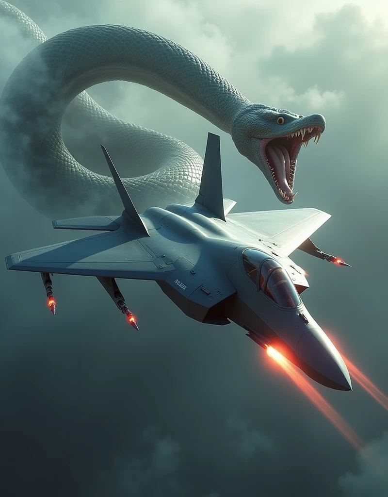 Realistic, theme is "rapid descent", latest stealth jet fighter dogfight, rapid descent into attack position, beautiful aircraft painted in grey stealth paint, fighter's machine guns spewing red fire, powerful scene, aircraft moving diagonally downwards, emphasising the sense of speed, a large transparent snake with its mouth wide open wraps around the fighter, the fighter flies as if it is passing through the tunnel made by the snake, the snake is the guardian deity of the fighter, emphasising the expression of the large snake, sophisticated design, advanced lighting technology, live-action photo 8K quality