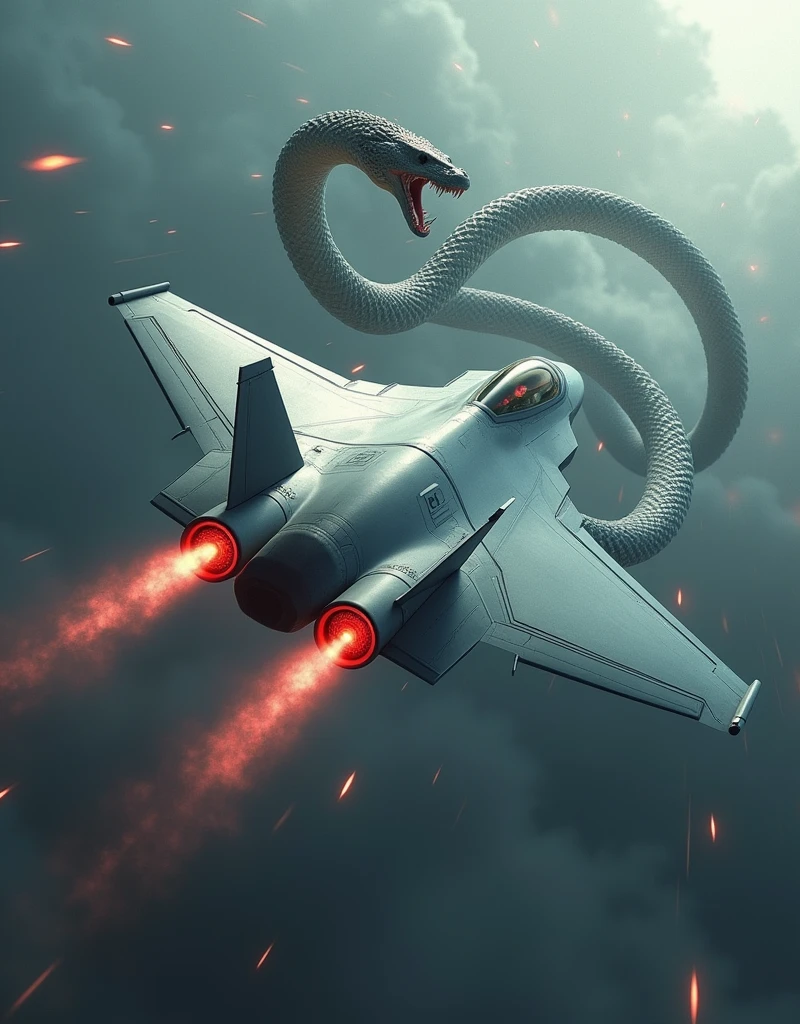 Realistic, theme is "rapid descent", latest stealth jet fighter dogfight, rapid descent into attack position, beautiful aircraft painted in grey stealth paint, fighter's machine guns spewing red fire, powerful scene, aircraft moving diagonally downwards, emphasising the sense of speed, a large transparent snake with its mouth wide open wraps around the fighter, the fighter flies as if it is passing through the tunnel made by the snake, the snake is the guardian deity of the fighter, emphasising the expression of the large snake, sophisticated design, advanced lighting technology, live-action photo 8K quality