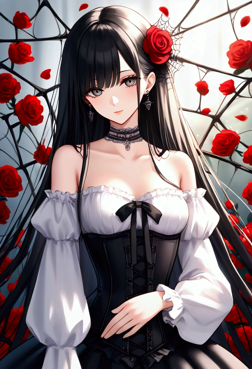 ((best quality, masterpiece, absurbres, super-resolution)), horror, Arachne , spider webs in the background, (black ornate frame). 1girl, skinny,flower,light skin,solo female,jewelry,corset,long sleeves,long bangs,looking at viewer,gothic choker,black hair,upper body,red flower,rose flower,hair ornament,earrings,white eyes,off-shoulders, victorian dress, long hair,hair flower,lace trim,sunlight
