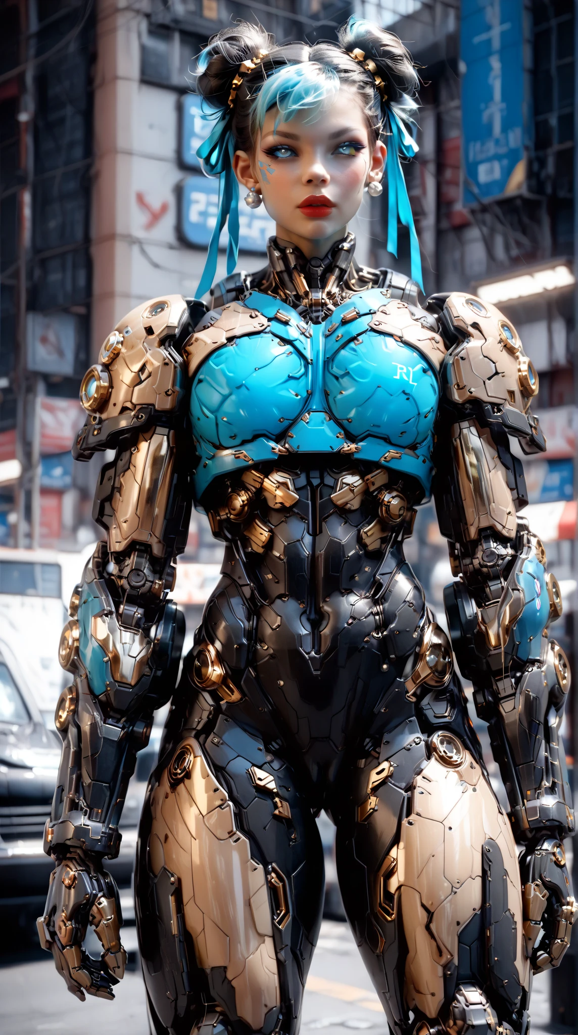 (nsfw:1), (Uncensored:1), score_9, score_8_up, score_7_up, (Three Quarters Shot), (1 girl), (Cyborg Chun-Li), beautiful teenage (skinny) muscular Asian cyborg girl, (bio-mecha:1.25), (huge upper body:1.75), (mechanical Cyborg arms:1.65), (mechanical Cyborg jaw:1.25), ((skinny waist & torso:1.5)),  (blue glowing eyes:1.25), (black sclera:1.25), (beautiful face:1.25), (flat chest:1.25), (blue glowing hair:1.25), metallic, circuits, cables, bimbo lips, 2 hair buns,  high res, standing, hand bands, hand on hip, looking to the side, camel-toe,  gothic neon style, cyber punk style, super realistic image, arm0rpunkv4, CyberRealistic_Negative_PONY