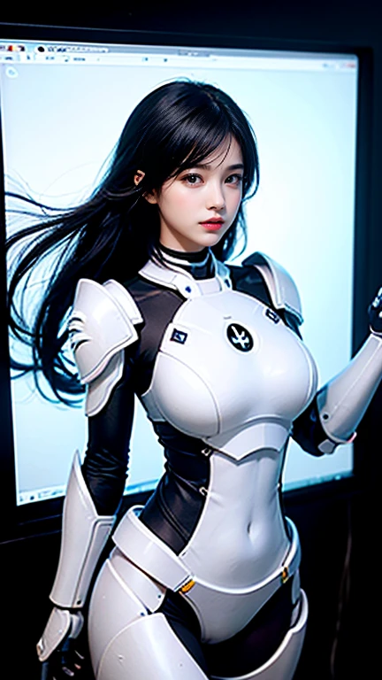 (whole body), ( realistic , [Anime]), (3d:0.3), Dramatic lighting, ((masterpiece)),(quality),( high definition ), Tall Lady Voidstar, [[【Covered ABS]], ((X-Ray Power Armor|Bodysuit with lines|White Power Armor) Mechanical arm), Long black hair undercut, [ Evil Smiles ],  small breasts,  covered navel ,  eyeliner ,  eyelash ,  perfect face, Beautiful Nose, Detailed Students,  beautiful eyes,  detail eyes,  brown eyes, Perfect Lips, A-pose on MONITOR,  simple background, [ My Hero Academia], (set:1) ,  