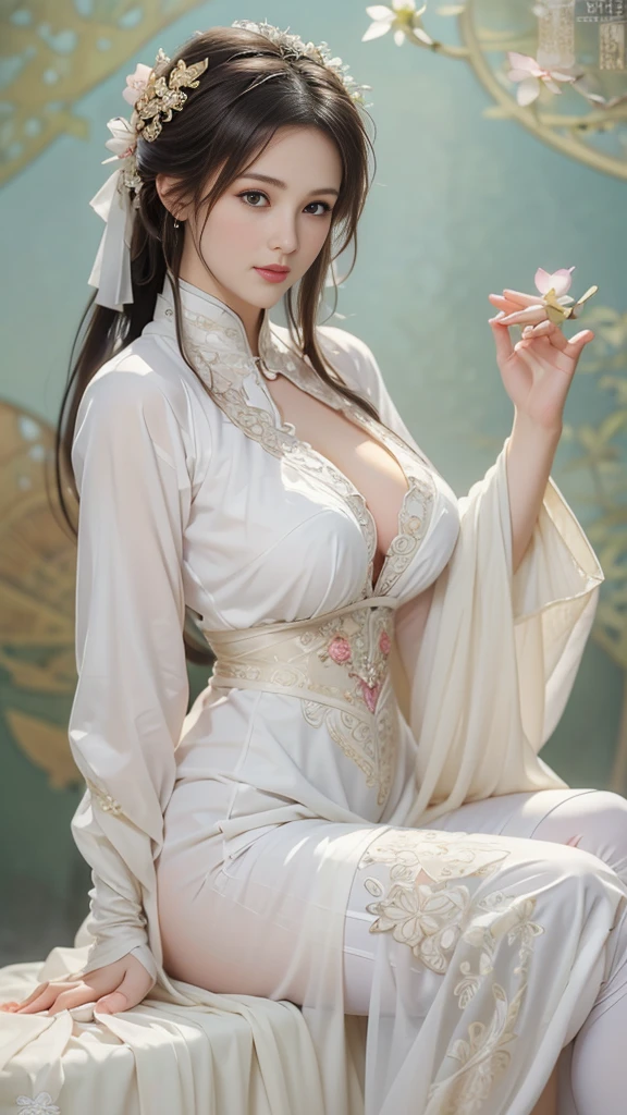 Portrait of a milf saint of 28 years old, Saint with a beautiful and super cute face,Wearing a very thin and sexy Ao Dai, Beautiful cute face, There is a deep slit in the chest、Black and white lace trim attractive Ao Dai, Beautiful face without blemish, Lovely smile, ((7 colors of hair length:1.2)), Big Crown, Hair brooch, Hamf Dress, Chinese ancient style, Full Body Jewelry, Tattoo on the forehead, The breasts of the female saint are round、It's so full, Breast augmentation surgery, Innocent face, The most beautiful and detailed pale red lipstick, ((thin plump lips:0.3)), Delicate pink and white eyes (White and detailed) Cinematic, Light and Darkness, Dramatic Lighting, magical light, Highly detailed light, True Color, Super sharp, Realistic, The 8k quality, Fantasy universe background, Saints and magical spaces, The most detailed image, Solo, saints, ((See the saint's upper body directly:0.4)), ((Smooth skin:0.5)),