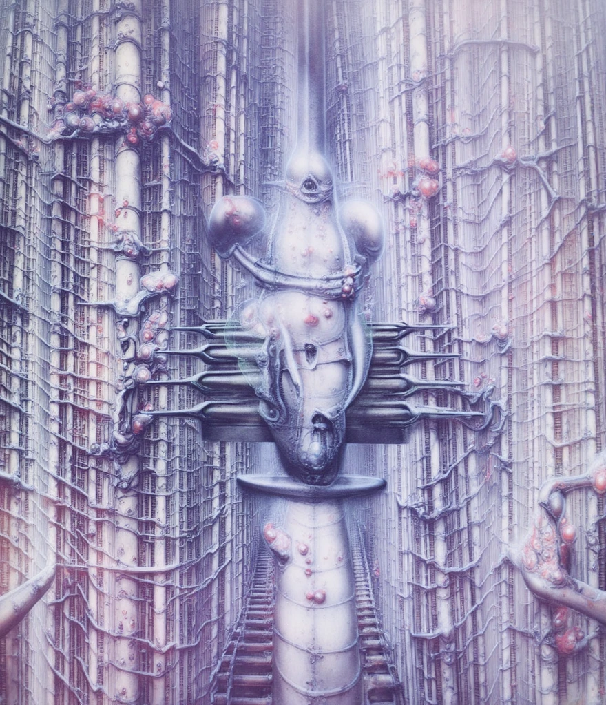 gigerart, a piece of art by HR Giger. Create biomechanical tableau in h r giger's style. It is called /“ biomechanical landscape no 312 /”  by H. R. Giger  Can you please draw a pencil sketch on antique plot that depicts curse of Solomea in unmaskable Giger's style.The artwork depicts a labyrinthine network of interconnected tubes and pipes, creating a sense of claustrophobia and decay. The intricate details and the monochromatic color palette evoke a sense of mystery and unease.
Central Figure: A skeletal figure, possibly Solomea herself, could be the focal point. Her form should be twisted and distorted, with a skeletal frame overlaid with biomechanical elements.
Surrounding Environment: The figure should be surrounded by a labyrinthine network of tubes and pipes, reminiscent of Giger's signature style. These structures could be overgrown with fleshy, organic forms, suggesting decay and corruption.
Color Palette: A monochromatic palette of dark grays and blacks would create a sense of foreboding and mystery. Consider adding subtle hints of red or green to highlight certain details or to evoke a sense of decay.
Lighting: Use dramatic lighting to create a sense of depth and atmosphere. A single, harsh light source could cast long, distorted shadows, adding to the overall sense of unease.
Symbolism and Storytelling:

The Curse: The skeletal figure could be depicted in a state of torment, perhaps clawing at its own flesh or contorted into an unnatural position. This could symbolize the physical and psychological suffering caused by the curse.
The Labyrinth: The labyrinthine network of tubes and pipes could represent the labyrinthine nature of the curse itself, trapping the victim in an endless cycle of suffering.
The Unmaskable: The figure's face could be obscured by a mask or a veil, symbolizing the hidden nature of the curse and its enduring power.
By combining these elements, you can create a truly haunting and disturbing image that captures the essence o, BY GIGER