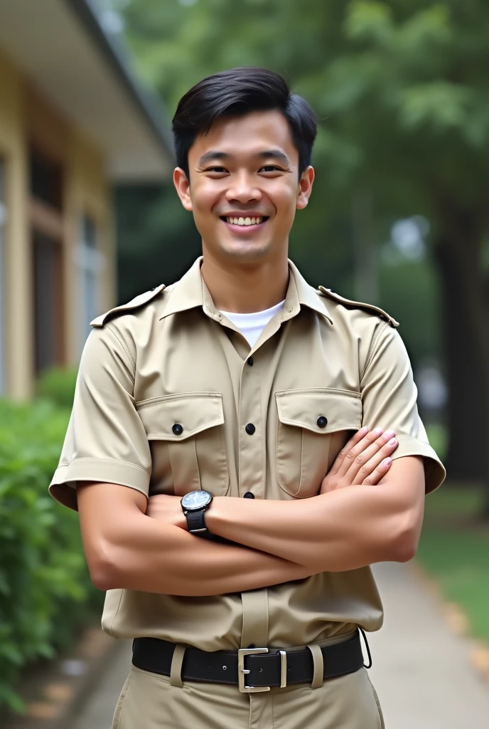 best quality,1man,Khaki shirt, solo, 8k uhd, film grain, (studio lighting:1.2), (Fujifilm XT3), (photorealistic:1.3) , (detailed skin:1.2),beautiful detailed sky,(nose blush),(smile:1.15),(closed mouth),(short hair:1.2), full body,student,((gaygaygay))