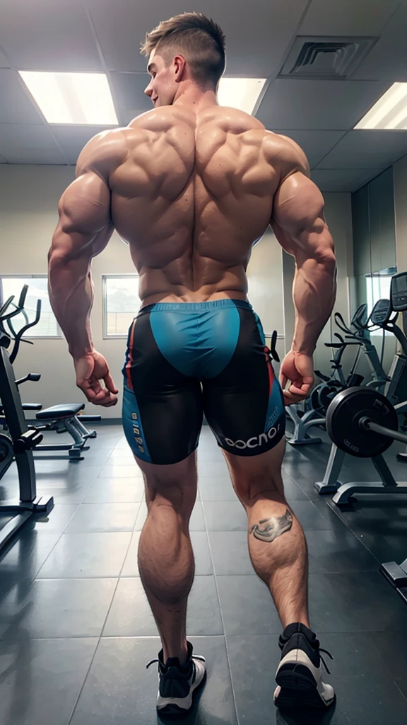 (one or two bodybuilders:1.4), (back view:1.4), (tank top:1.4), (at gym:1.4), 40's, Japanese man, manly face, fat face, (round face:1.4), (monolid eyes:1.2), (buzz cut:1.4), very large and strong body, bulky body, beefy muscles, (bulging muscles:1.4), (very large pectoral muscles:1.4), (muscular arms:1.4), muscular abs, muscular legs, muscular back, bright oily skin, (realistic:1.2), distant view