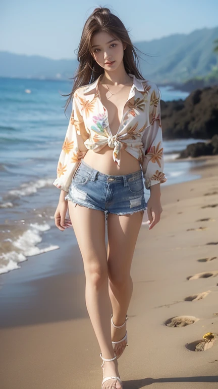 Reality Photos, Super detailed description, Detailed Image, natural color, One woman, Functional body, standing pose in full body, Wearing fishing net t-shirt, Charming smile, Long legs, Big Breasts, Firm buttocks, sandy beaches,