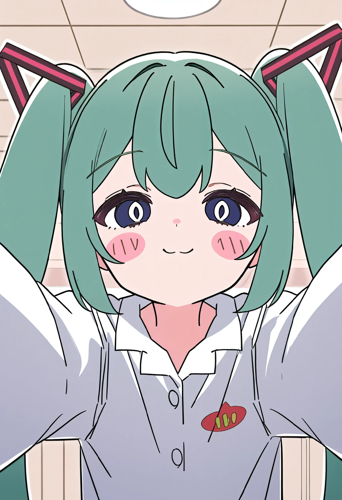 1 girl 、 Hatsune Miku 、solo、 Twin Tails 、 long hair on background、 shirt、白い shirt、 upper body、 at the ceiling of the house、 Long Sleeve 、 red stickers on cheeks、 hair ornament、 green hair、colored whites 、aqua hair、A foolish face