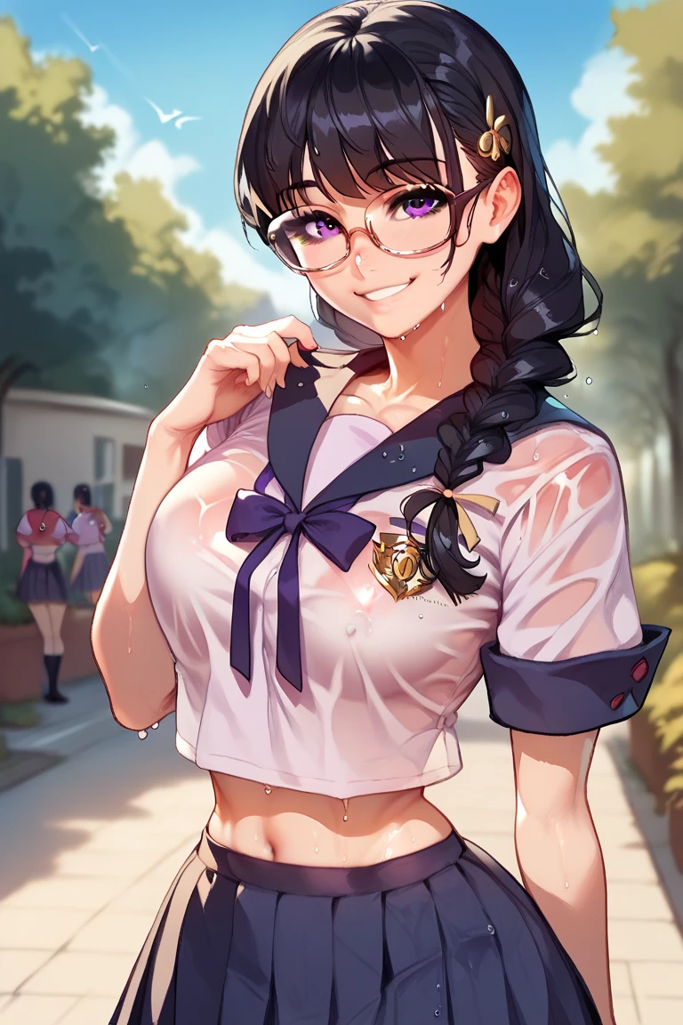 (1 girl), ( black hair:1.1), (Braid:1.1), (glasses), (purple eyes), (smile), (), (Intricate details of Iris ), (stomach), (exterior), ( looking at the viewer ), ( visible through clothing ), (wet clothes), (rode well), ( school uniform )