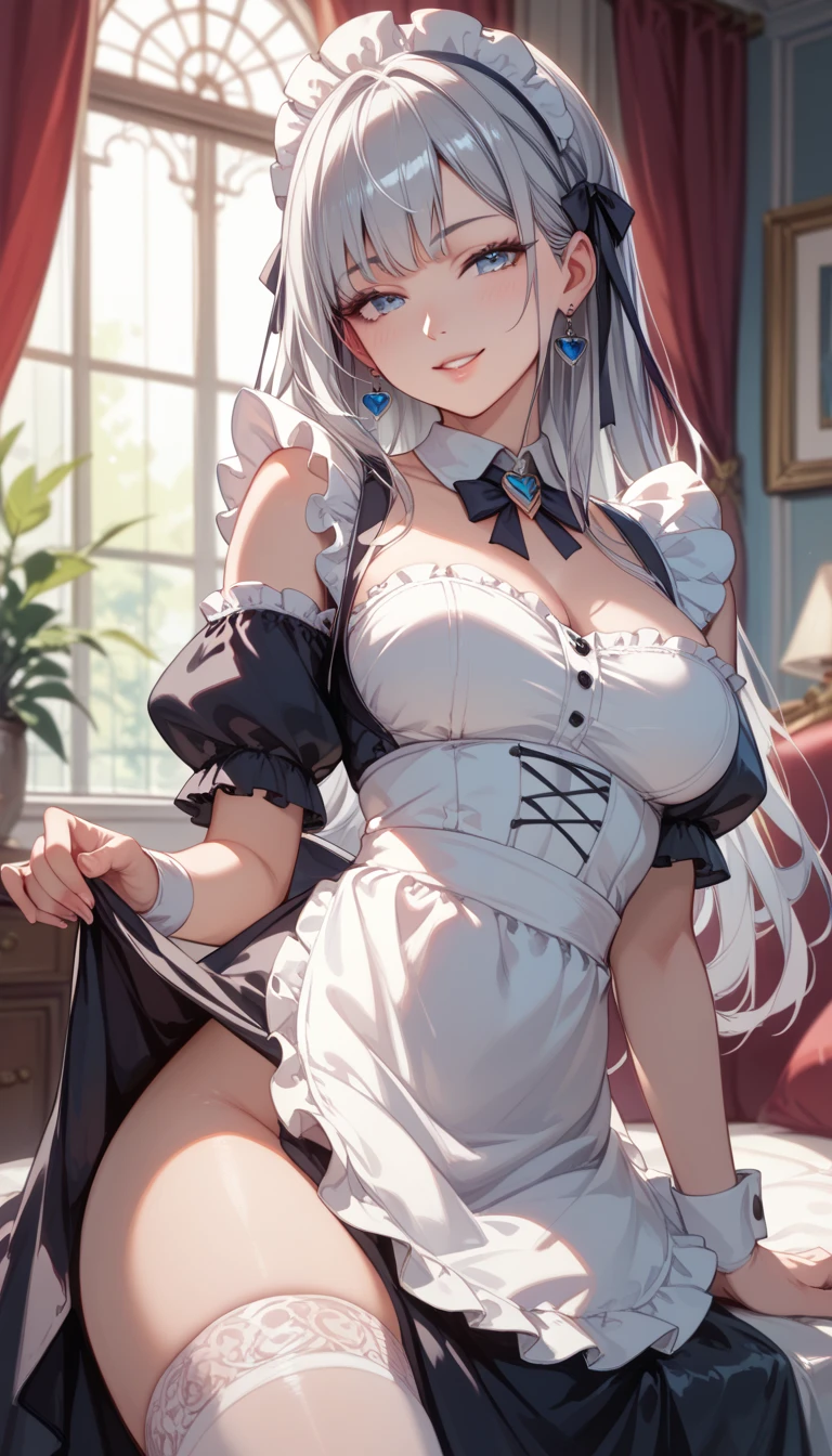 Super realistic CG 、8K images、royal maid outfit、 Silver Hair、 long hair、seductive smile、low light、ROYAL ROOM、bedroom