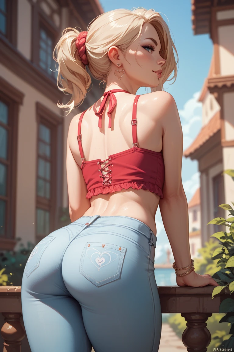masterpiece, one blonde anime girl with bangs, straight hair, perfectly round butt, jeans, crop top, blue eyes, fair skin, hands covering her butt, realistic