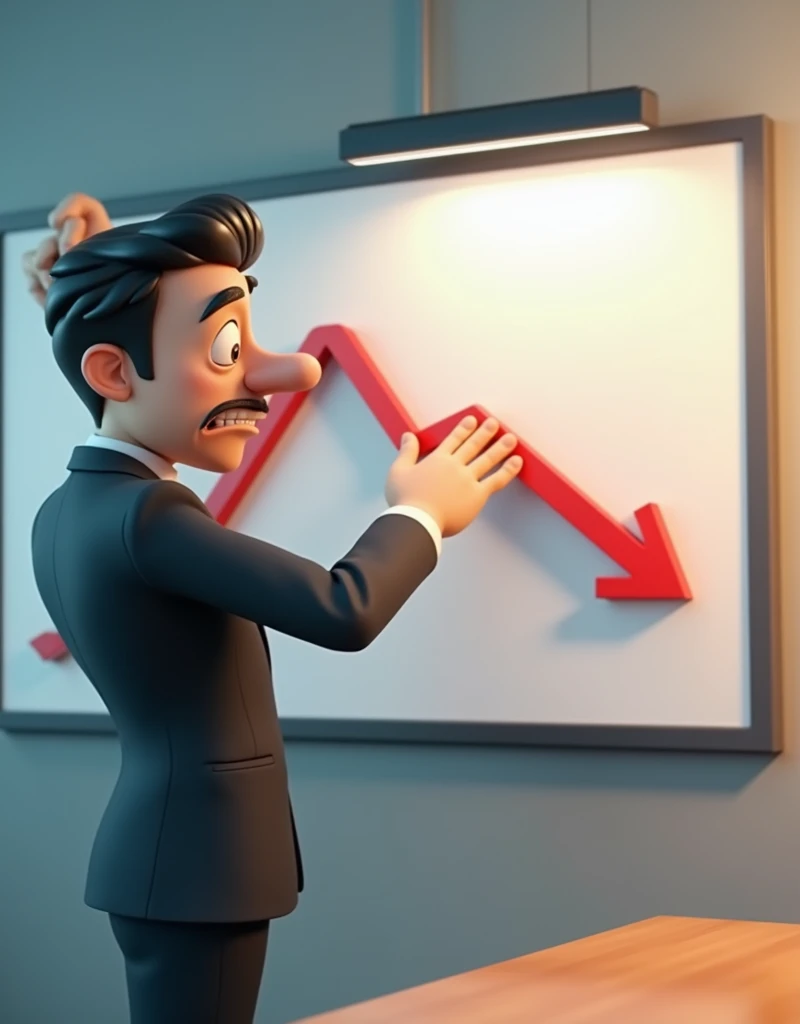 3D animation, theme "rapid decline", graphs drawn on whiteboard, performance that had risen once has peaked and is now rapidly declining, a salesman in a suit holding his head in front of a whiteboard, close-up of the salesman's troubled expression, comical scene, colorful use of colors, sophisticated design, advanced lighting technology, live-action photo 8K quality