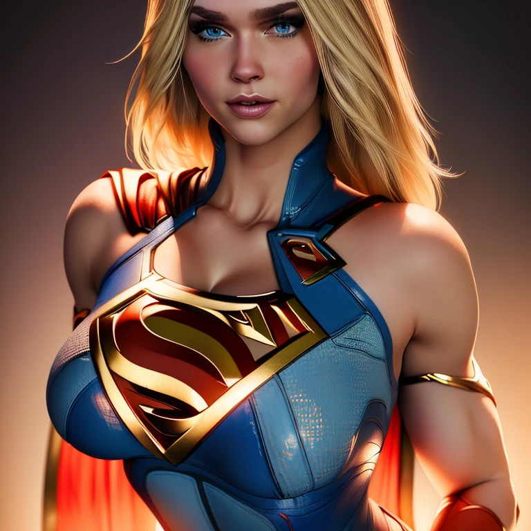 female, ((muscular)), ((massive breasts)), ((superhero)), ((supergirl)), ((cape)), ((serious look))